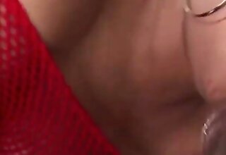 Latina girl in a red fishnet appoint gives a blowjob to a australian aborigine bilge that cums in his lucullus